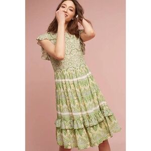 Varun Bahl For Anthropologie Lanai Beaded Dress Women 0 Green Floral Cottagecore